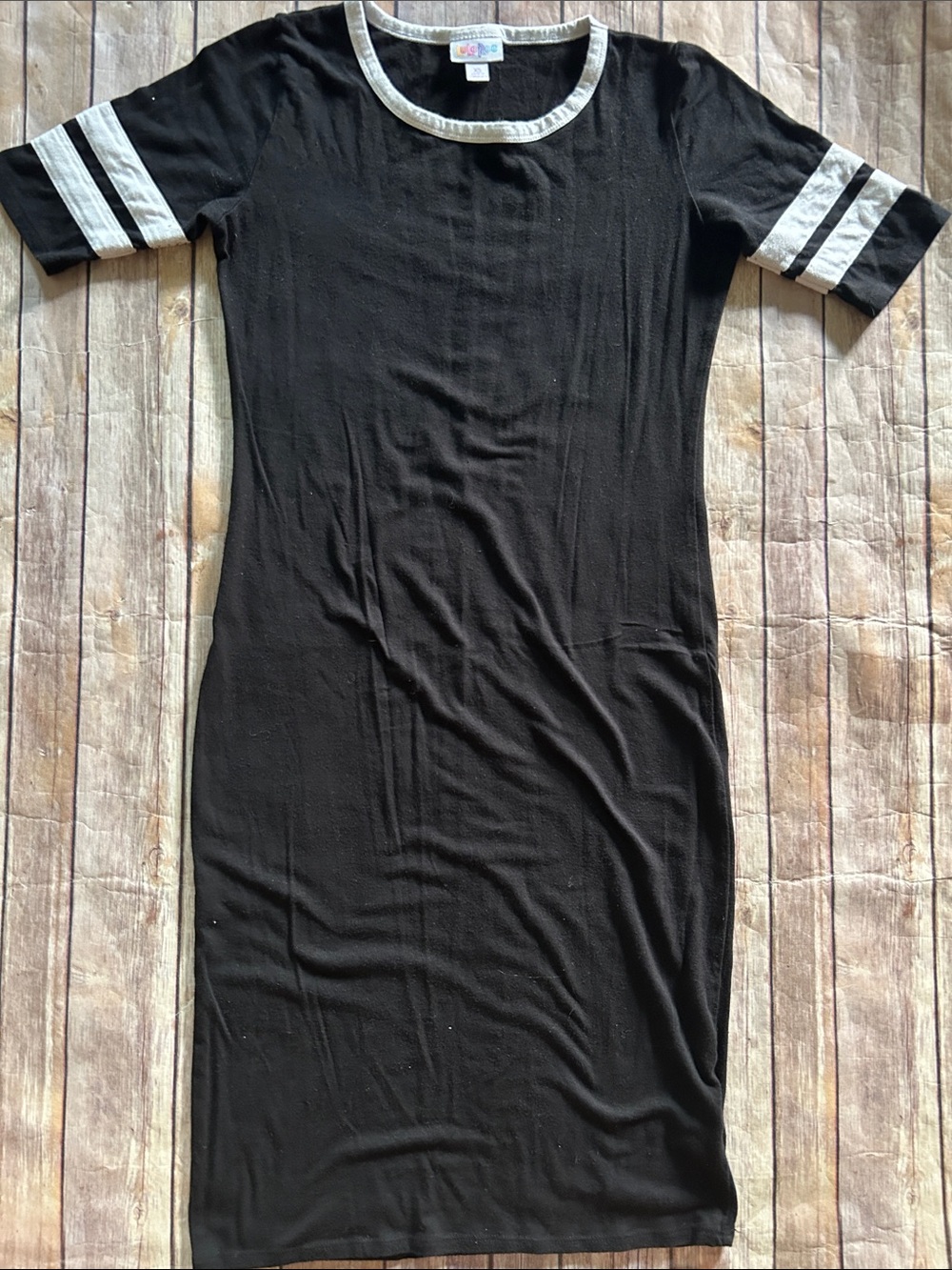 LuLaRoe Black Midi Dress with White Trim and Sleeve Stripes